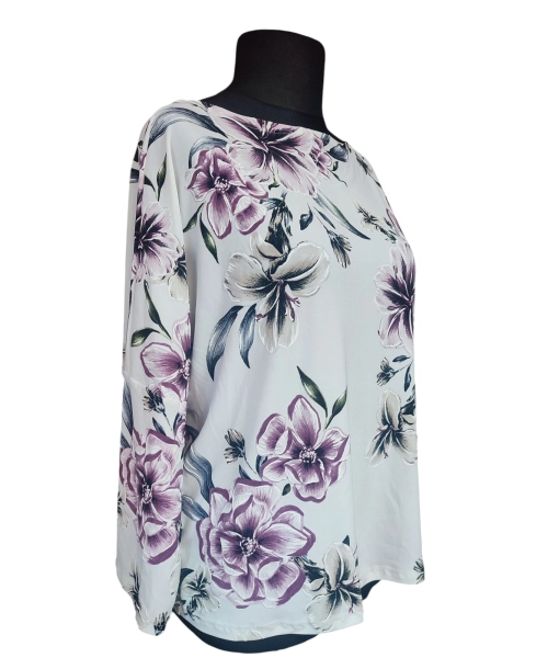 Biała bluzka z rękawem kimono - wiosenne fioletowe kwiaty